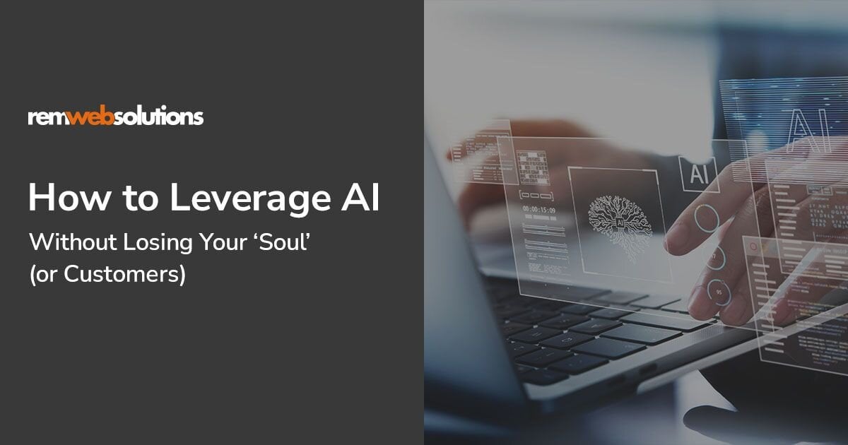 Hands typing on laptop layered with AI screens